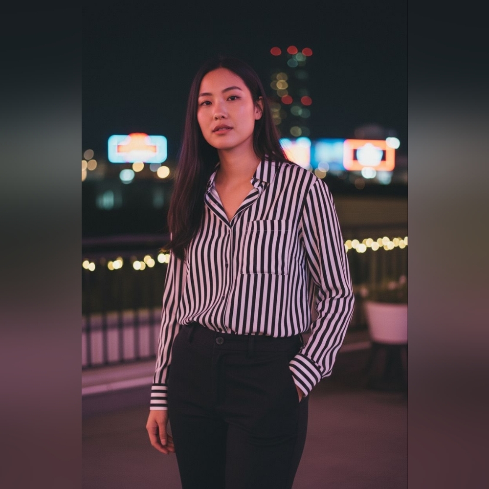 Zara Basic Blk & White Striped Wide Cuff Button Up Blouse Size Medium